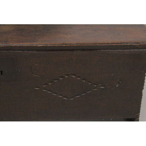 1061 - A 17TH - 18TH CENTURY PLAIN OAK LONG SWORD CHEST with rising top. 4ft 5ins long, 1ft 4ins deep, 1ft ... 