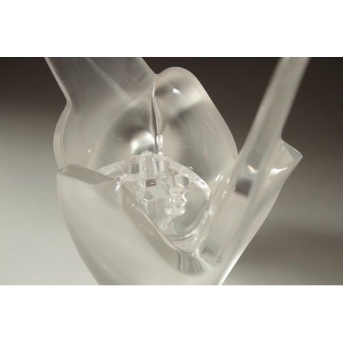 1072 - A FROSTED GLASS LALIQUE LOVE BIRD as a flower vase. Signed, Lalique, France.  8ins high (chipped).... 