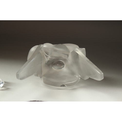 1072 - A FROSTED GLASS LALIQUE LOVE BIRD as a flower vase. Signed, Lalique, France.  8ins high (chipped).... 