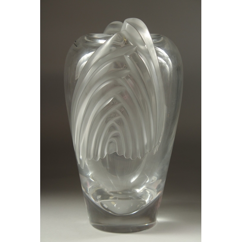 1074 - A SUPERB LALIQUE GLASS, LARGE DECO TYPE VASE. Signed, Lalique France. 12ins high in original box.... 