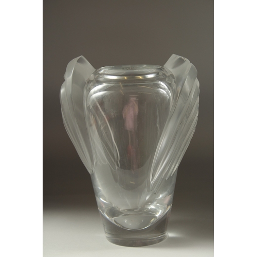 1074 - A SUPERB LALIQUE GLASS, LARGE DECO TYPE VASE. Signed, Lalique France. 12ins high in original box.... 