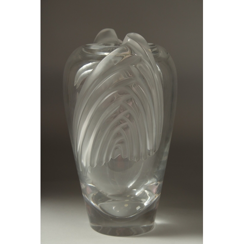 1074 - A SUPERB LALIQUE GLASS, LARGE DECO TYPE VASE. Signed, Lalique France. 12ins high in original box.... 