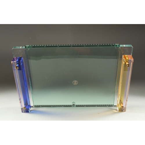 1077 - A REFLECTIONs COPENHAGEN GLASS TRAY with handle. 14ins long in original box.