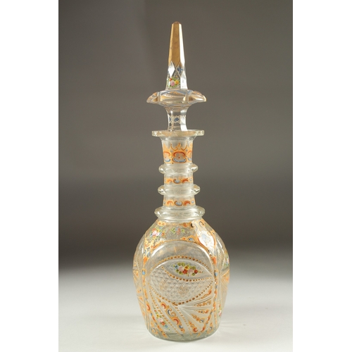 1078 - A VERY GOOD VENETIAN GLASS GILDED AND PAINTED LARGE DECANTER AND STOPPER with panels of flowers.  18... 