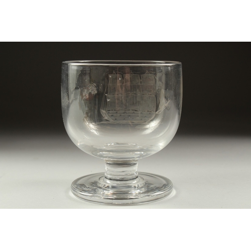 1081 - A CIRCULAR GOBLET etched with a three mast clipper. 4ins high.