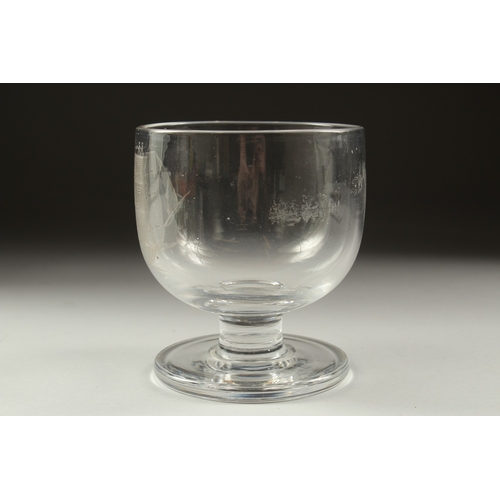 1081 - A CIRCULAR GOBLET etched with a three mast clipper. 4ins high.