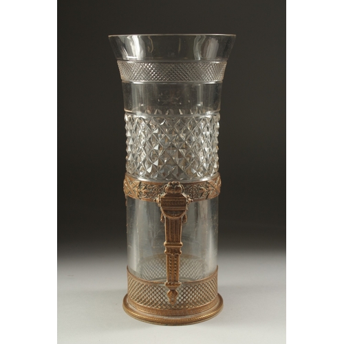 1082 - AN 19TH CENTURY FRENCH BRASS AND GLASS VASE. 9.5ins high.