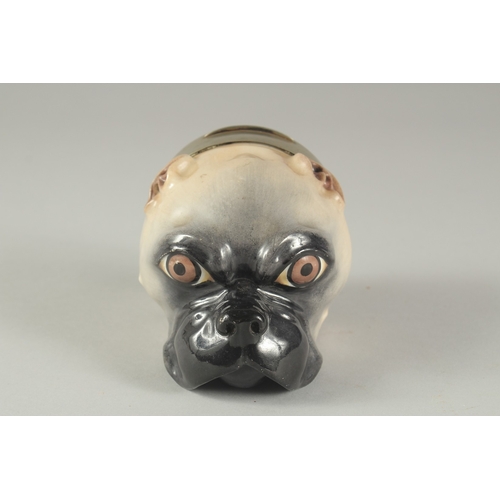 1108 - A CONTINENTAL PORCELAIN BOX AND COVER modelled as a  pug dog, the lid with a scene after Murillo. 4i... 