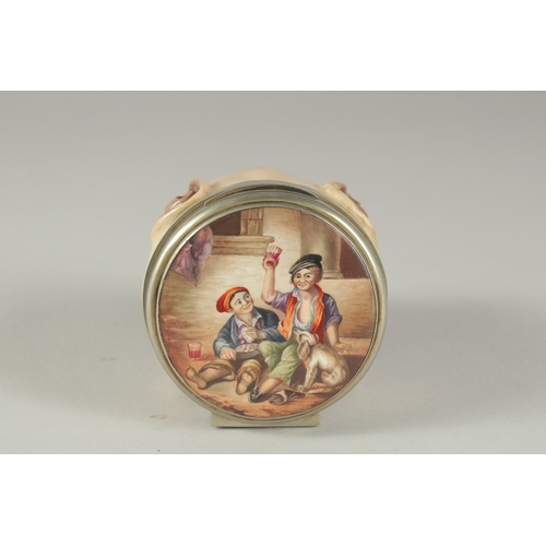 1108 - A CONTINENTAL PORCELAIN BOX AND COVER modelled as a  pug dog, the lid with a scene after Murillo. 4i... 