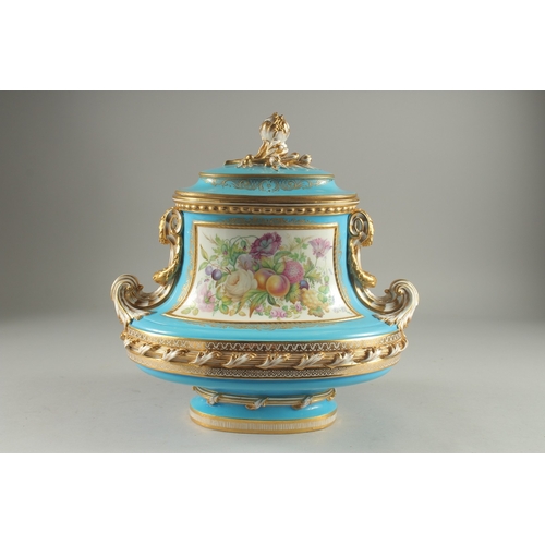 1121 - A SUPERB SEVRES DESIGN OVAL TUREEN AND COVER with pale blue ground edged in gilt, the sides with rev... 