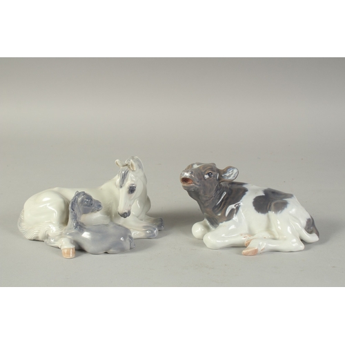 1130 - A COPENHAGEN PORCELAIN GROUP, MARE AND FOAL. No. 4698. 6ins long and A CALF, 6ins long