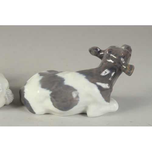 1130 - A COPENHAGEN PORCELAIN GROUP, MARE AND FOAL. No. 4698. 6ins long and A CALF, 6ins long