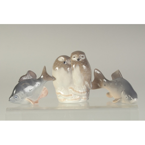 1133 - SEVEN SMALL COPENHAGEN PORCELAIN FIGURES: TWO OWLS, No. 834, SALMON, No. 2414, CARP No. 2553, OTTER,... 