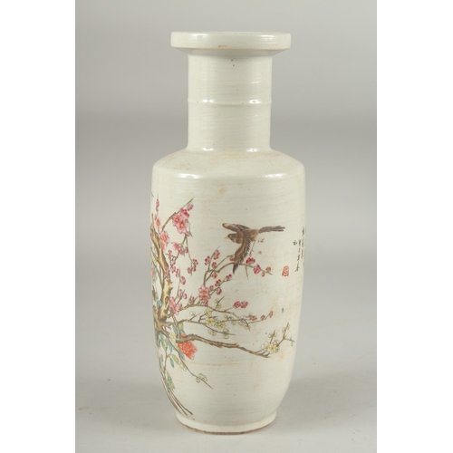 1159 - A CHINESE REBUBLIC PORCELAIN VASE with blossom and birds. 11ins high.