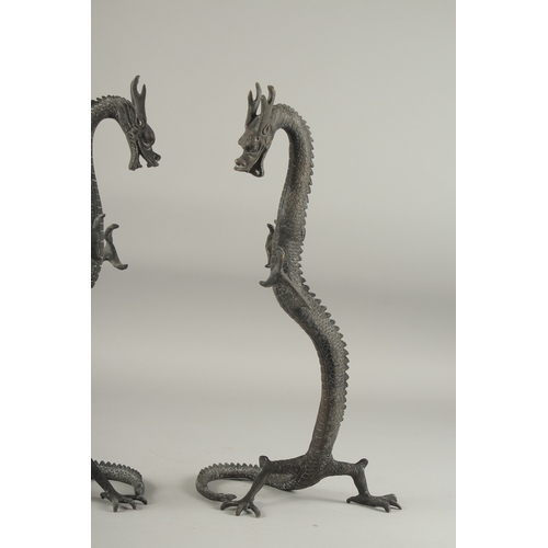 1161 - A PAIR OF CHINESE BRONZE DRAGONS. 1ft 4ins high.