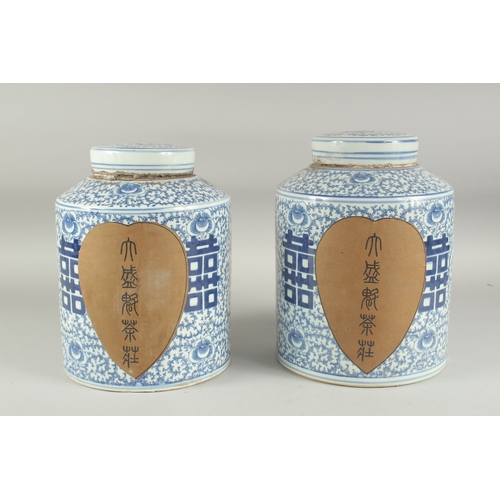 1164 - A PAIR OF CHINESE BLUE AND WHITE GINGER JAR AND COVER. 11ins high.