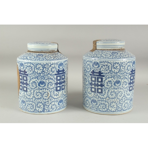 1164 - A PAIR OF CHINESE BLUE AND WHITE GINGER JAR AND COVER. 11ins high.