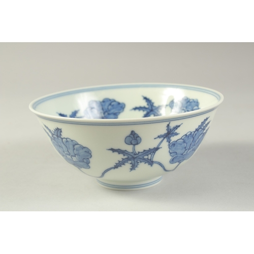 1187 - A  CHINESE BLUE AND WHITE PORCELAIN BOWL painted with flower heads.  15cm diameter.