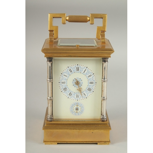 1202 - A GOOD 19TH CENTURY FRENCH BRASS REPEATER CARRIAGE CLOCK with cream dial and silvered bamboo type su... 