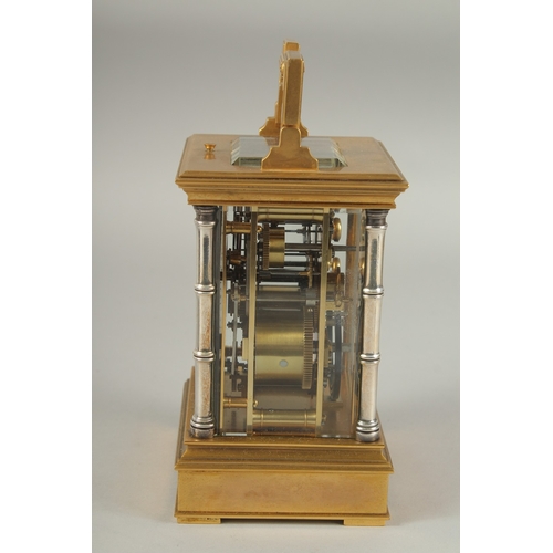 1202 - A GOOD 19TH CENTURY FRENCH BRASS REPEATER CARRIAGE CLOCK with cream dial and silvered bamboo type su... 