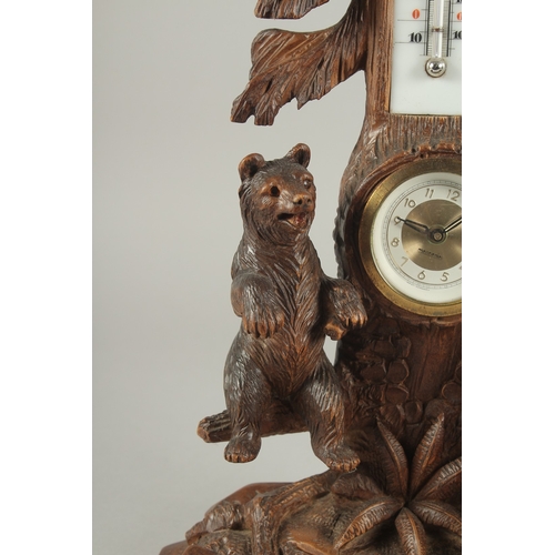 1207 - A GOOD CARVED BLACK FOREST CLOCK AND THERMOMETER carved with two bears. 5ins high.