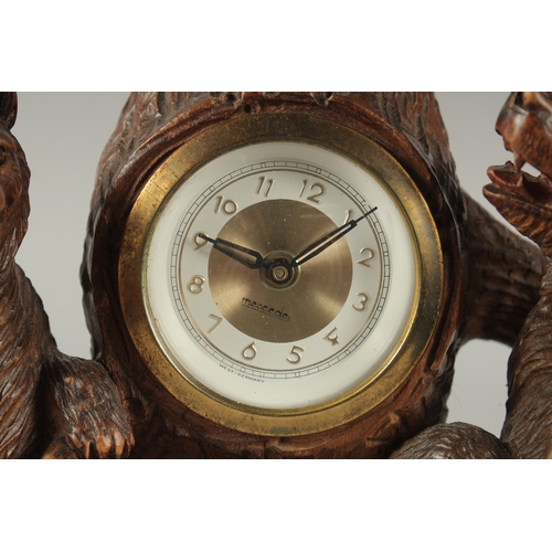 1207 - A GOOD CARVED BLACK FOREST CLOCK AND THERMOMETER carved with two bears. 5ins high.