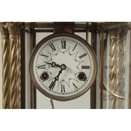 1211 - A 19TH CENTURY FRENCH BRONZE FOUR GLASS CLOCK with urn finial and twist column sides. 1ft 10ins high... 