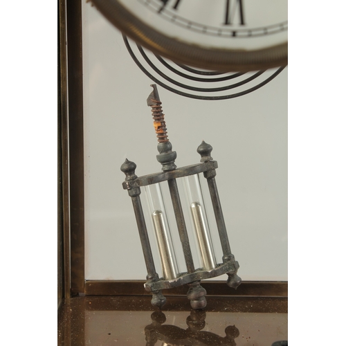 1211 - A 19TH CENTURY FRENCH BRONZE FOUR GLASS CLOCK with urn finial and twist column sides. 1ft 10ins high... 