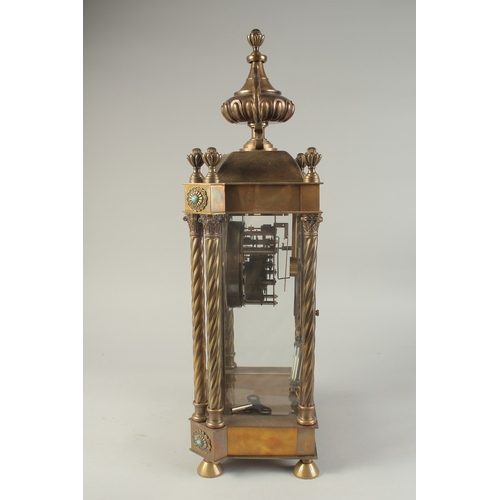 1211 - A 19TH CENTURY FRENCH BRONZE FOUR GLASS CLOCK with urn finial and twist column sides. 1ft 10ins high... 