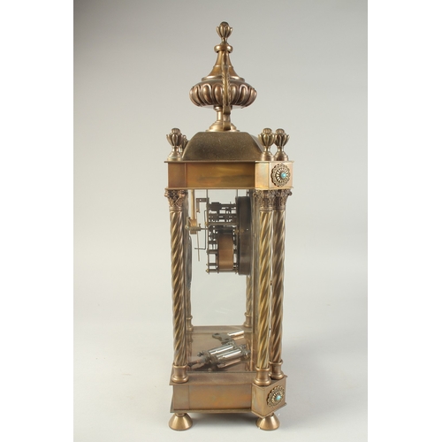 1211 - A 19TH CENTURY FRENCH BRONZE FOUR GLASS CLOCK with urn finial and twist column sides. 1ft 10ins high... 