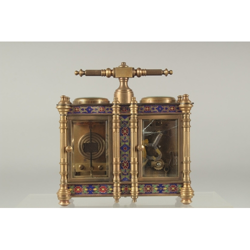 1212 - A GOOD SMALL BRASS AND CLOISONNE ENAMEL TWO DIAL CLOCK AND BAROMETER with carrying handle. 4.75ins h... 