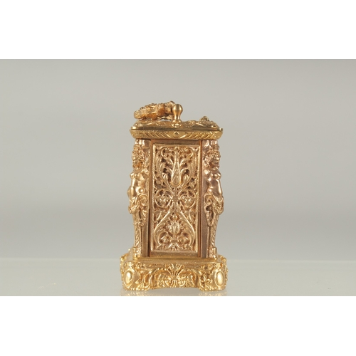 1214 - A GOOD MINIATURE CAST BRONZE CARRIAGE CLOCK the sides with caryatid figures. 2.5ins high.