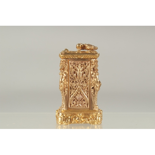 1214 - A GOOD MINIATURE CAST BRONZE CARRIAGE CLOCK the sides with caryatid figures. 2.5ins high.