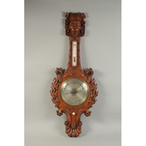 1228 - A GOOD 19TH CENTURY WHEEL BAROMETER / THERMOMETER, the well carved wood case with 