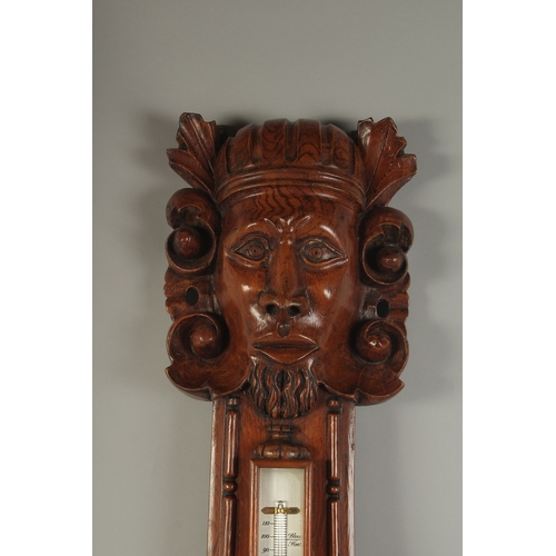 1228 - A GOOD 19TH CENTURY WHEEL BAROMETER / THERMOMETER, the well carved wood case with 