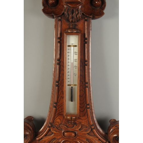 1228 - A GOOD 19TH CENTURY WHEEL BAROMETER / THERMOMETER, the well carved wood case with 