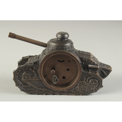 1230 - A NOVELTY BRONZE CLOCK MODELLED AS A TANK. 6ins long.