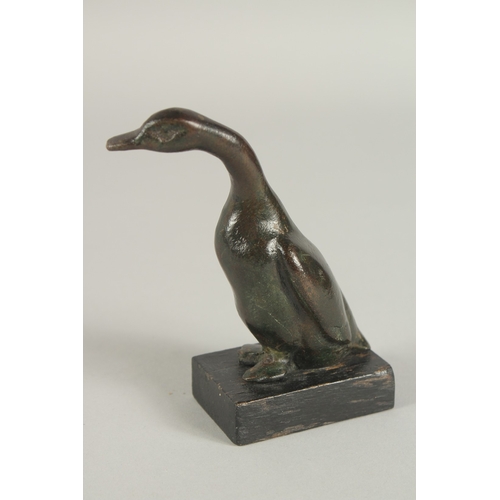 1244 - FRENCH SCHOOL ( CIRCA. 1860). A SMALL BRONZE GOOSE. Unsigned on a wooden base.  101cm high