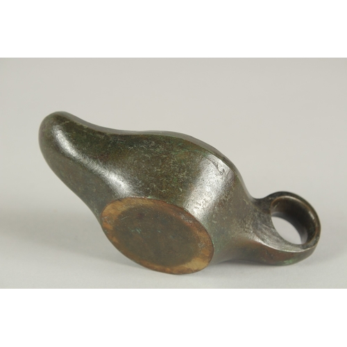 1247 - A ROMAN BRONZE OIL LAMP, the head of Bacchus. 13ins long.