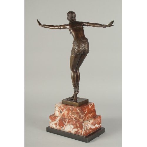 1254 - AFTER D. H. CHIPPARUS. A BRONZE DANCING GIRL. Signed, on a marble base.  19ins high.