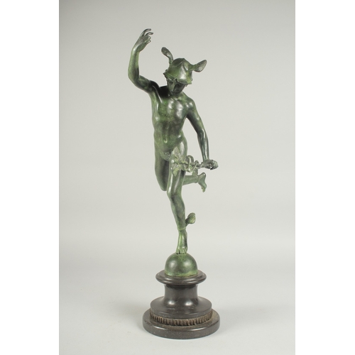 1264 - GIAMBOLOGNA AN EARLY BRONZE FIGURE OF MERCURY. Signed on a circular base. 21ins high.