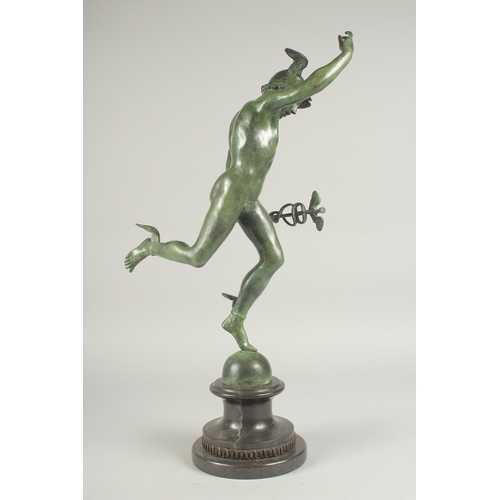 1264 - GIAMBOLOGNA AN EARLY BRONZE FIGURE OF MERCURY. Signed on a circular base. 21ins high.