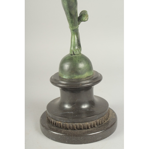 1264 - GIAMBOLOGNA AN EARLY BRONZE FIGURE OF MERCURY. Signed on a circular base. 21ins high.