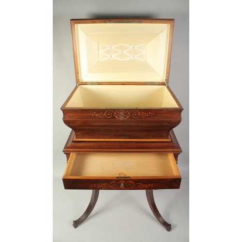 1290 - A SUPERB MAHOGANY MARRIAGE BOX on a stand, silk lined. 2ft wide, 1ft 3ins deep, 3ft high.