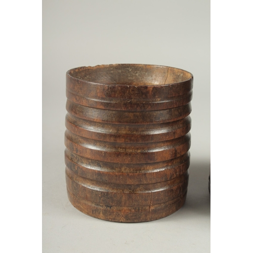 1299 - TWO EARLY METAL BOUND WOODEN VESSELS. 6ins x 5ins.