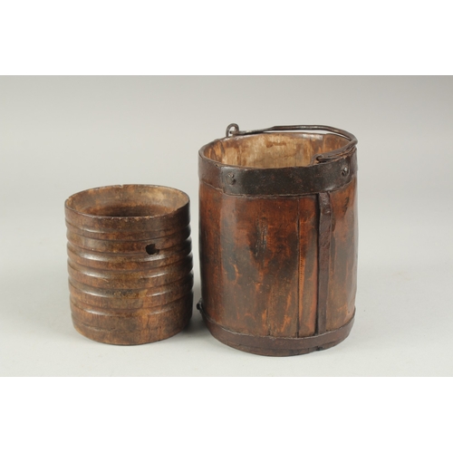 1299 - TWO EARLY METAL BOUND WOODEN VESSELS. 6ins x 5ins.