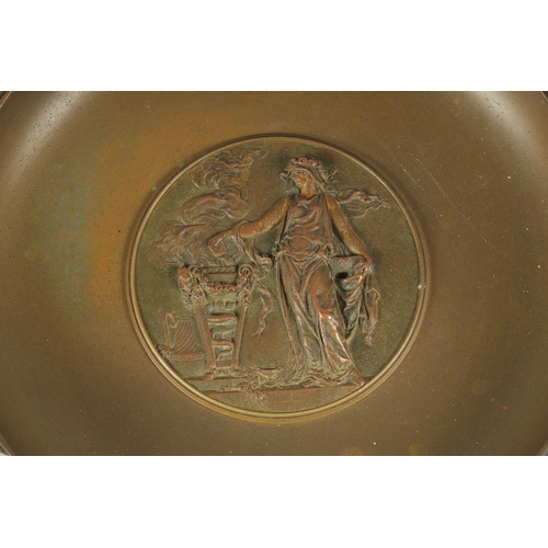 1301 - A GOOD 19TH CENTURY BRONZE CLASSICAL TWO HANDLED TAZZA. 10.5ins diameter.