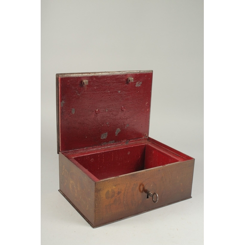 1304 - A GOOD METAL STRONG BOX with carrying handles. 10ins long, 7ins wide, 4ins deep with key.