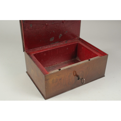 1304 - A GOOD METAL STRONG BOX with carrying handles. 10ins long, 7ins wide, 4ins deep with key.