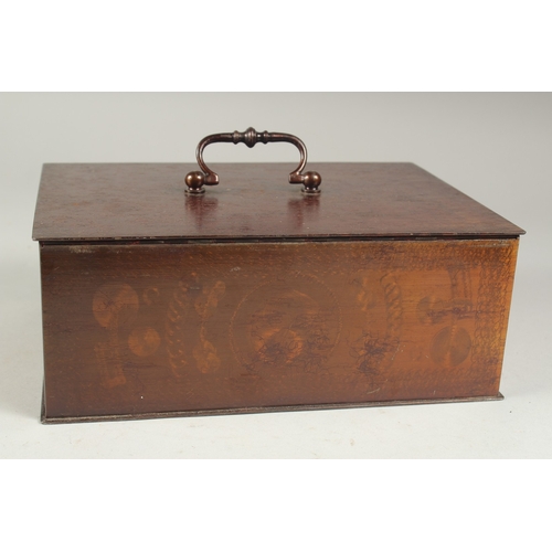 1304 - A GOOD METAL STRONG BOX with carrying handles. 10ins long, 7ins wide, 4ins deep with key.